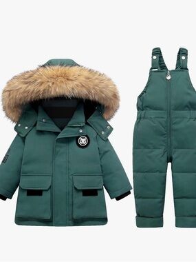 Kids Green Winter Parka & Bib Snow Overalls Set